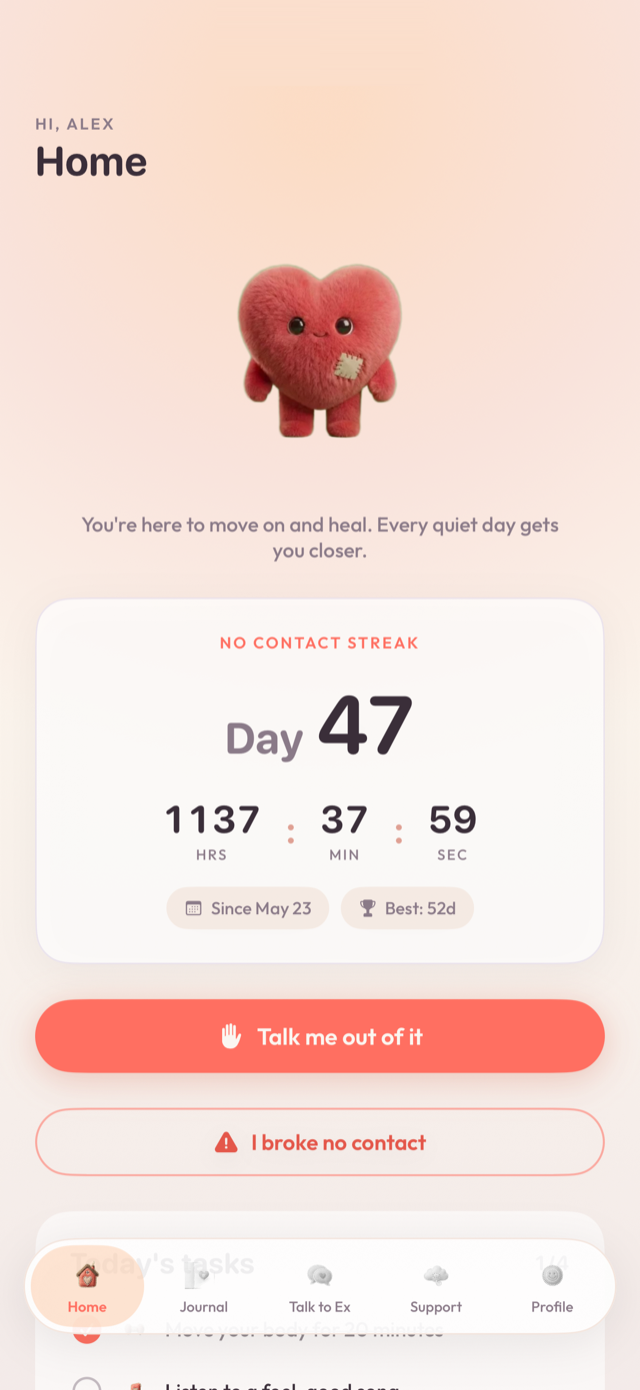 Mend home screen showing a 47-day no-contact streak with a live counter