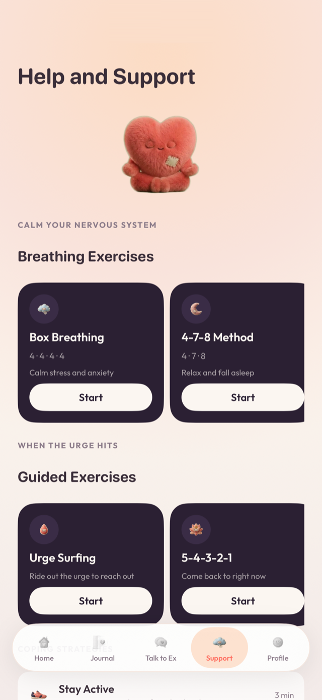 Support screen with breathing and guided urge exercises